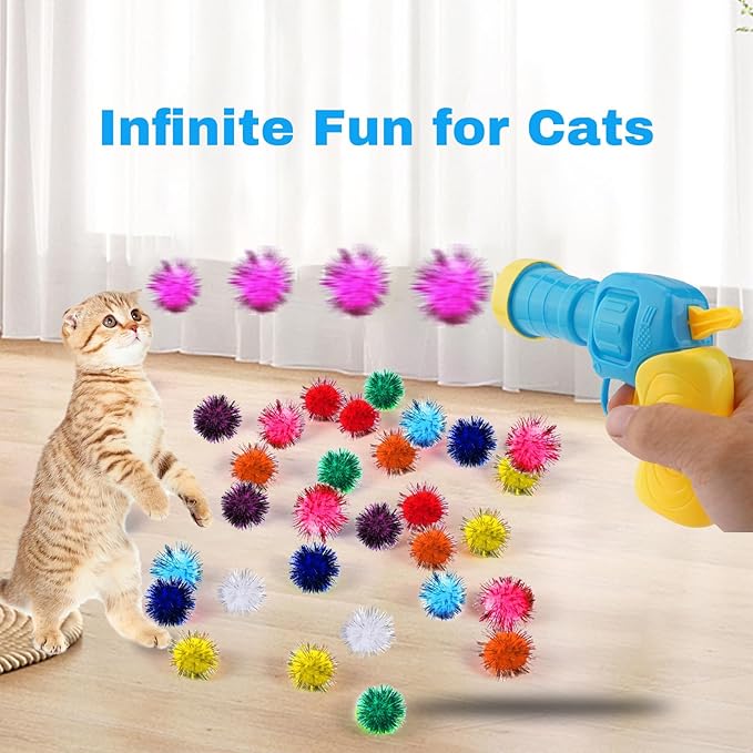 Dorhui Cat Toy Gun Launcher - 30 Pcs Sparkle Pom Pom Balls and Ball Launcher, Fetch Toy Gun Shooter, Interactive Glitter Balls for Indoor Cats and Kitty Gifts-Mewly Pet