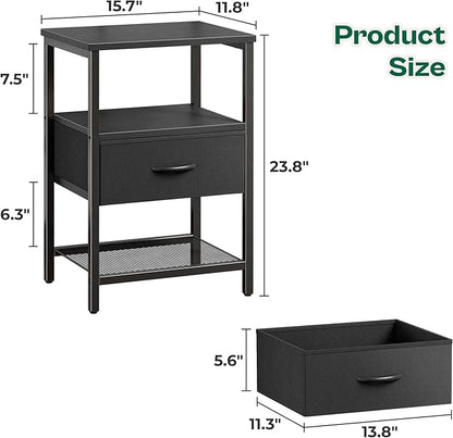 Huuger Nightstand Set of 2, Night Stand with Fabric Drawer, Mesh Shelf, Side Table with Storage, Fabric Drawer Dresser, Open Shelf, Metal Frame, Bedroom, Black