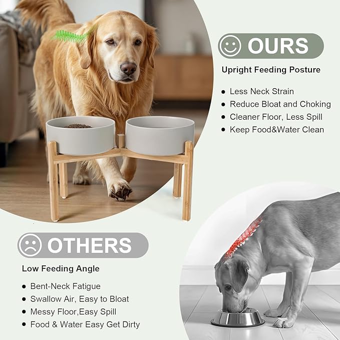 SPUNKYJUNKY Elevated Dog Bowls Ceramic, 8.3'' Dogs Food Water Bowls Raised with Non-Slip Bamboo Stand for Large Sized Breed Microwave Dishwasher Safe - 60 OZ,Grey-Mewly Pet