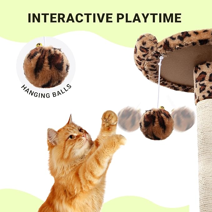 Allewie 64 Inches Cat Tree Tower/Multi-Level Activity Center for Indoor Big Felines/2 Plush Condos/2 Perchs/Basket/House/Sisal Scratching Posts/Hanging Cat Toys/Leopard Print-Mewly Pet