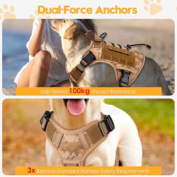 Heavy-Duty Tactical Dog Harness for Large Dogs, No Pull Adjustable Reflective Pet Vest with Molle System, K9 Military-Grade Control for Service Training, Outdoor & 10+ Breeds, Khaki Camo, Small-Mewly Pet