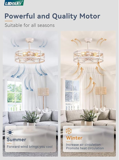 LEDIARY 20 Inch Fandelier Caged Ceiling Fan with Light, Bladeless Ceiling Fan with Remote, Small Farmhouse Fan Lights Ceiling Fixtures for Kitchen, Bedroom-White and Gold