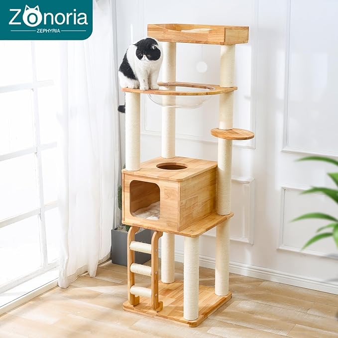 65-inch Tall Cat Tree，Cat Tower for Indoor Cats with Feel-Safe Enclosed Cat Cave、Scratching Post、Space Capsule Nest and Cat Ladder-Mewly Pet