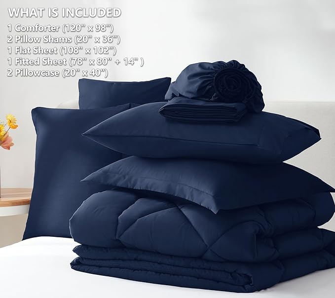 CozyLux Oversized King Comforter Set Navy Blue, 7 Pieces Bed in a Bag Comforter Set with Sheets Luxury Bed Set for All Seasons, Bedding Set with Down Alternative Comforter, Sheets, Pillowcases & Shams