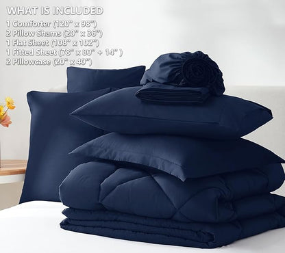 CozyLux Oversized King Comforter Set Navy Blue, 7 Pieces Bed in a Bag Comforter Set with Sheets Luxury Bed Set for All Seasons, Bedding Set with Down Alternative Comforter, Sheets, Pillowcases & Shams