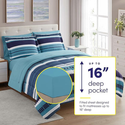 Sweet Home Collection 7 Piece Comforter Set Bag Solid Color All Season Soft Down Alternative Blanket & Luxurious Microfiber Bed Sheets, Marino, King
