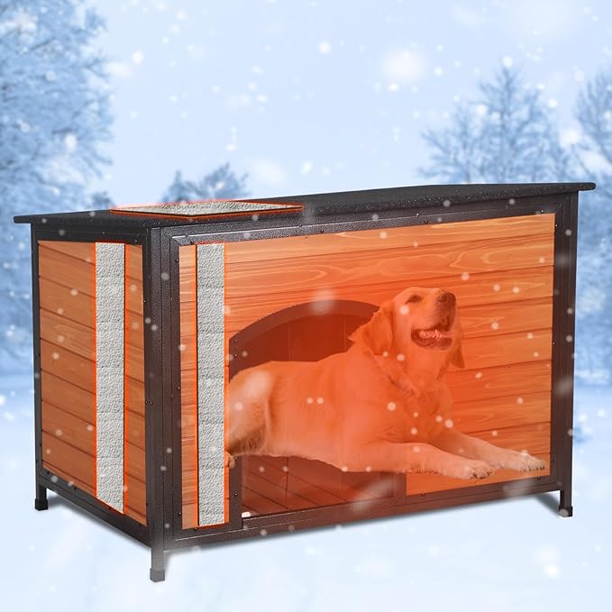 Dog House Outdoor Insulated 43.3" L Large Dog Kennel 6 Sides All-Round Foam Winter Weatherproof for Small Medium Large Dogs with Strong Metal Chew Proof Frame-Mewly Pet