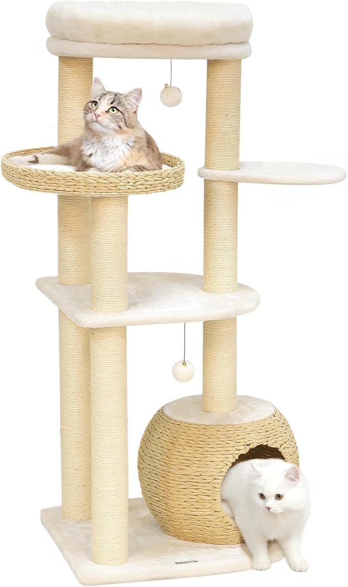 KAMABOKO Modern Cat Tree, 53" Cat Tower for Indoor Cats Natural Sisal Scratching Posts, Hand-Woven Condo & Top Perch, Cat Tree Tower for Kittens Climb Play & Rest-Mewly Pet
