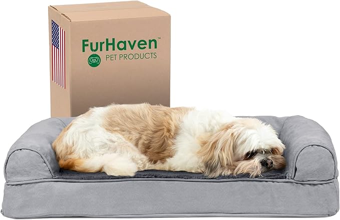 Furhaven Cooling Gel Dog Bed for Medium/Small Dogs w/ Removable Bolsters & Washable Cover, For Dogs Up to 35 lbs - Plush & Suede Sofa - Gray, Medium-Mewly Pet