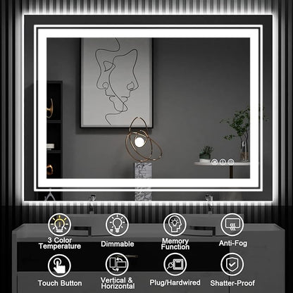 LED Bathroom Mirror, 36"x 36" with Front and Backlit, Anti-Fog, Bathroom Vanity Mirror for Wall, Memory Function, Stepless Dimmable, Tempered Glass (Horizontal/Vertical)