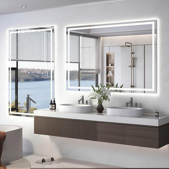 32"X32" LED Bathroom Mirror with Front Lights and Backlit, Anti-Fog, Dimmable, Shatter-Proof Tempered Glass, Lighted Bathroom Vanity Mirror for Wall with 3 Colors, Memory Function