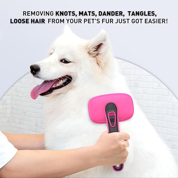 Self Cleaning Slicker Brush for Shedding Long Short Haired Dogs & Cats, Remove Loose Tangling Knot Undercoat Fur Mats, Grooming Brush with Retractable Bristles for Small Medium Large Pet, Pink-Mewly Pet