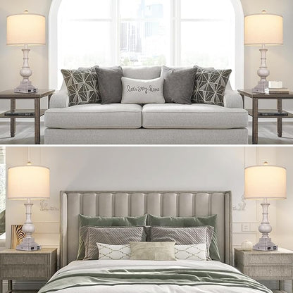 Farmhouse Lamps Set of 2, 26" Vintage Rustic Touch Control Bedside Lamp with USB A+C Ports & AC Outlet, 3-Way Dimmable Boho Nightstand Lamp Washed Resin Linen Fabric Shade for Living Room Bedroom Grey