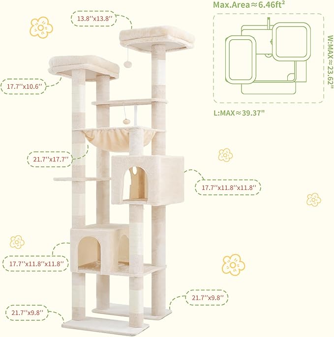 Hey-brother Tall Cat Tree Tower, Heavy Duty Scratching Posts with Large Platforms, Cozy Condos, Big Hammock, Toy Balls, Multi-Level Furniture for Indoor Adult Cats, 80.7 Inches, Beige MPJ039M-Mewly Pet