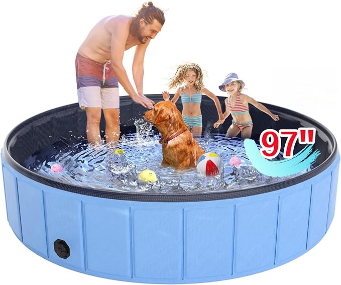 Giant Dog Pool 97"x16", Hyperzoo Foldable Dog Swimming Pool, Hard Plastic PVC Leakproof Doggie Wading Collapsible Pet Bathing Tub for Puppy Small Medium Large Dogs and Kids, Blue-Mewly Pet