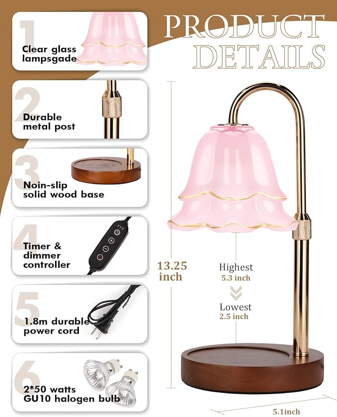 Pink Candle Warmer Lamp with Timer & Dimmer, Adjustable Height Birthday Gifts for Women Mom, Flower Candle Lamp Warmer, Wax Warmer with 2 Bulbs, House Warming New House Decorations