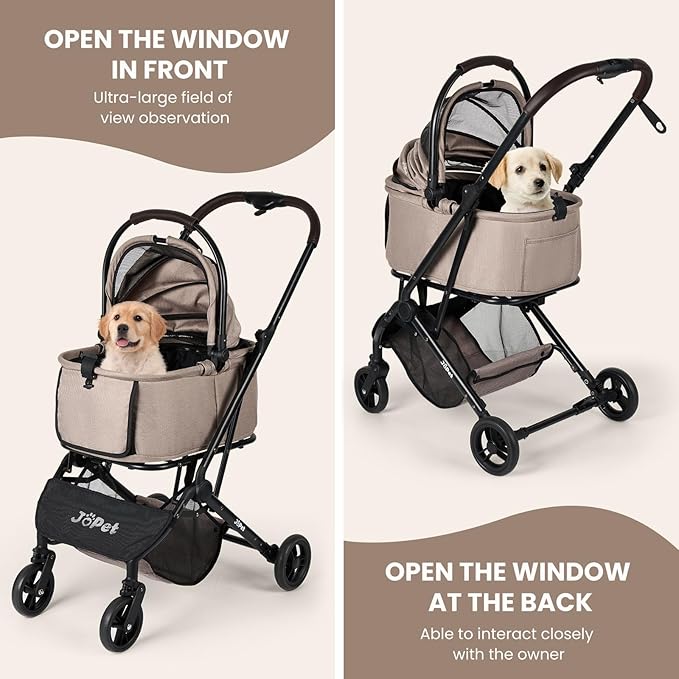 Pet Stroller, Small to Medium Dogs & Cats, Foldable, One-Hand Fold, Detachable Carrier, Latte Color-Mewly Pet
