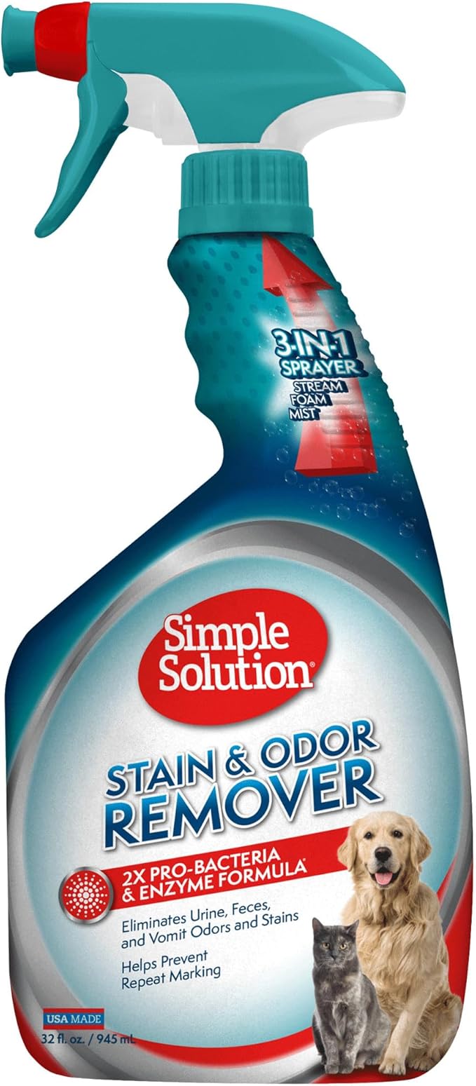 Simple Solution Stain & Odor Eliminator for Pets, Carpet Deodorizer, Enzyme Pet Odor Eliminator for Home, Stain Remover for Cat & Dog Pee, Urine Destroyer, Carpet Cleaner Spray, 32 oz-Mewly Pet