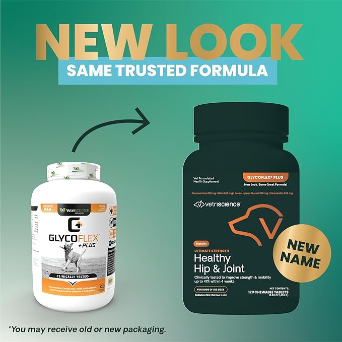 VetriScience Ultimate Strength Healthy Hip & Joint Chewable Tablets, GlycoFlex Glucosamine, Chondroitin and Green-Lipped Mussel Joint Supplement for Dogs, Soothe Joint Discomfort, Chicken, 120 Count-Mewly Pet