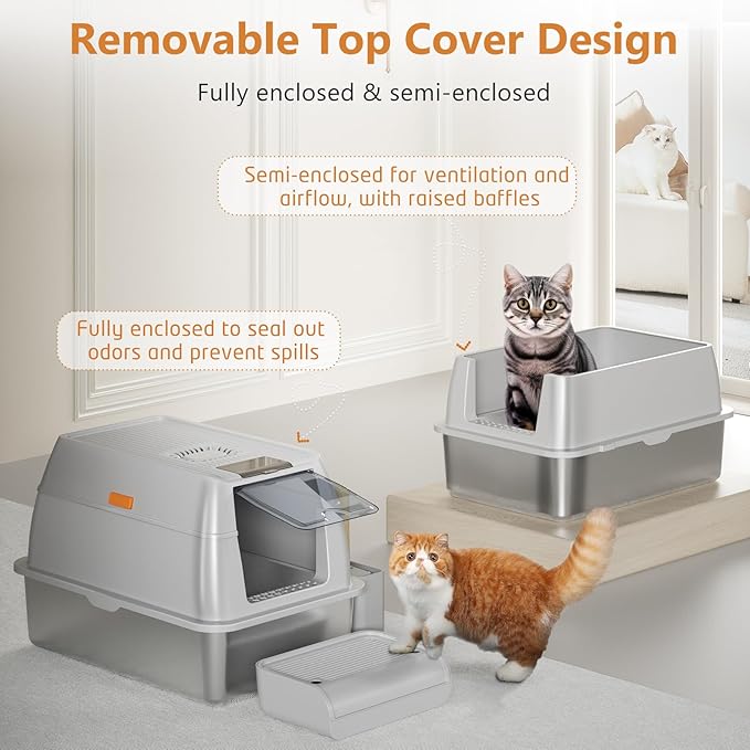 Stainless Steel Cat Litter Box with Lid, XL Extra Large Litter Box for Big Cats, Enclosed Removable Metal Litter Boxs with High Sided Enclosure & Scoop, Anti-Leakage, Non-Sticky, Easy Cleaning(Grey)-Mewly Pet