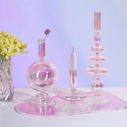 Rtteri 3 Pcs Glass Candlestick Holders Glass Candle Holders Groovy Wavy Elegant Taper Candle Stick for Wedding Home Birthday Party Christmas Halloween Decoration Windowsill Decor(Colorful)