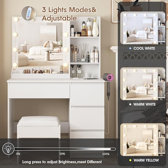 Vabches Vanity, Makeup Vanity Desk Set with Mirror & Light, Dressing Table Storage Lots with Power Strip, 3 Lighting Modes with Adjustable Brightness, 37 Inches (White) (White with Stool)