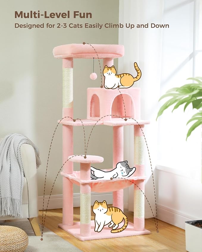 Cat Tree for Large Cats Adult with Metal Plush Big Hammock, 56.3" Cat Tower with 2 Door Condo House, 6-Tier Cat Shelves with Scratching Posts and Large Top Perch, Light Pink-Mewly Pet