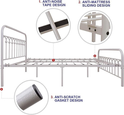 TUSEER Metal Bed Frame Queen Size with Vintage Headboard and Footboard Platform Base Wrought Iron Bed Frame (Queen,White)