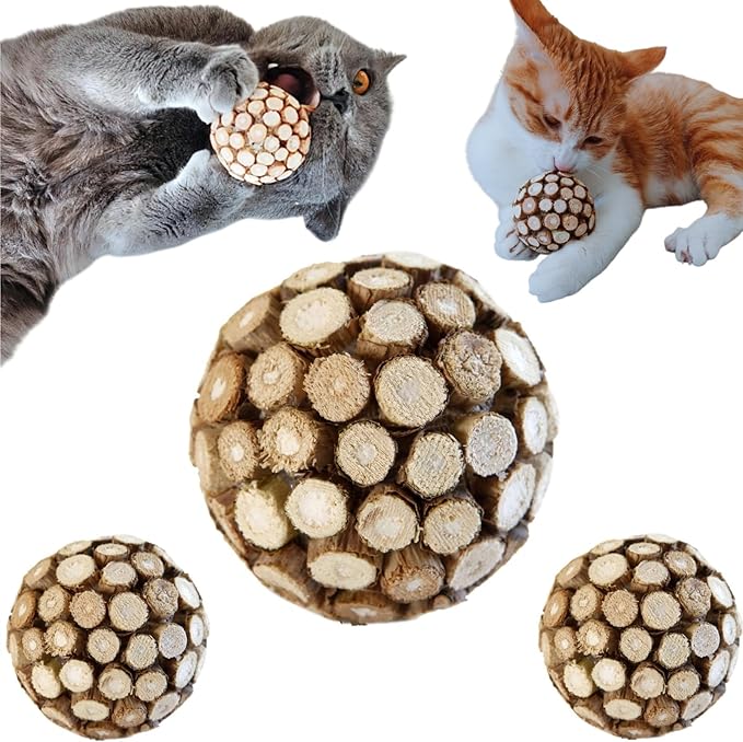 3PCS Cat Ball Toy,Silvervine Ball with Catnip Gall Fruit silvervine Sticks Powder Inside,Catnip Toys for Indoor Cats,Kitten Cleaning Teeth Cat Chew Toy-Mewly Pet