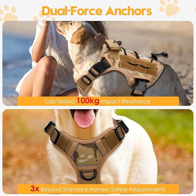 Heavy-Duty Tactical Dog Harness for Large Dogs, No Pull Adjustable Reflective Pet Vest with Molle System, K9 Military-Grade Control for Service Training, Outdoor & 10+ Breeds, Desert Camo, Small-Mewly Pet