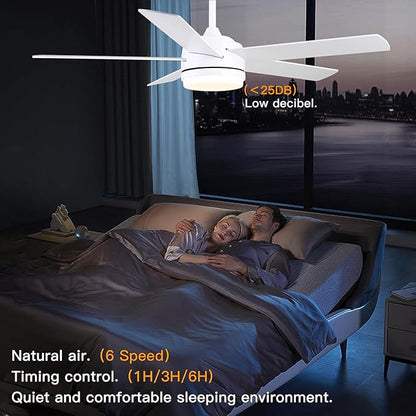 YUHAO 52 Inch White Ceiling Fan with Light and Remote Control.Noiseless,Dimmable,3CCT,6 Speeds Reversible, DC Ceiling Fans for Indoor or Covered Outdoor