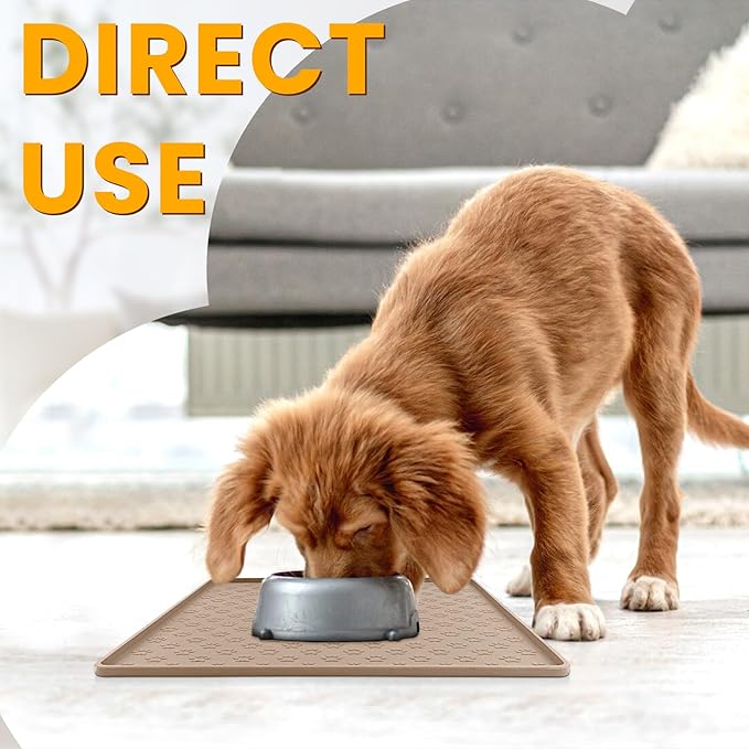 Ptlom Dog Food Mat Anti-Slip Bowl Mats for Food and Water, Waterproof Silicone Pet Placemat with High Raised Edges, Non-Slip Puppy Feeding Tray for Small, Medium Large Cats Dogs, Taupe, 11.8"x11.8"-Mewly Pet