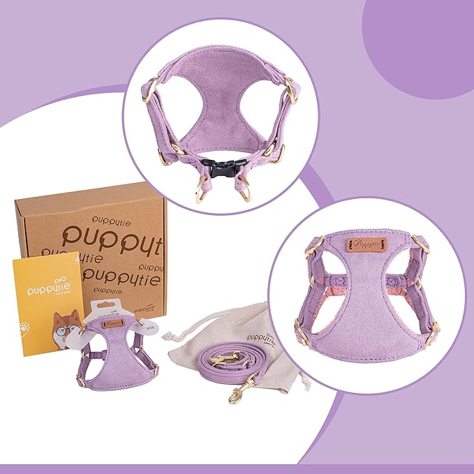 Puppytie No Pull XXS Puppy Harness with Multifunction Dog Leash,Soft Adjustable No Choke Escape Proof Pet Harness Vest,Light Purple,XXS-Mewly Pet
