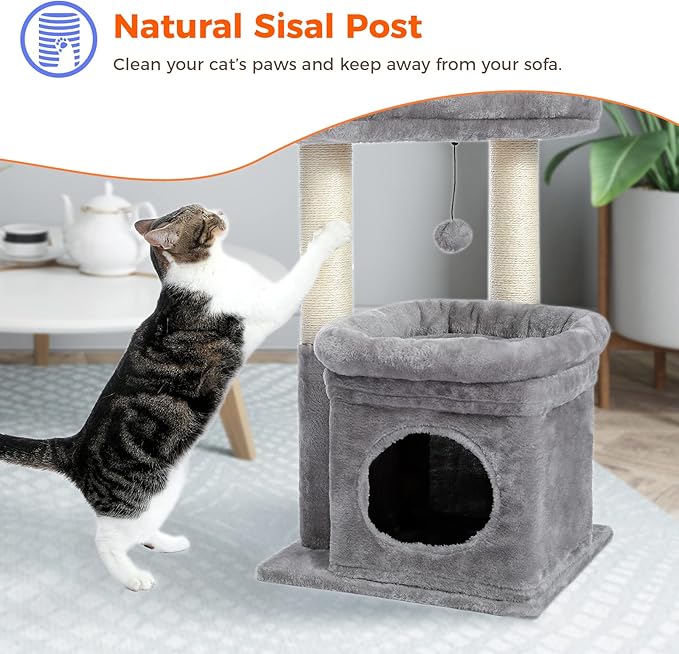 PEQULTI Cat Tree Tower for Indoor Cats with Private Cozy Cat Condo, Natural Sisal Scratching Posts and Plush Pom-pom for Small Cats-Mewly Pet