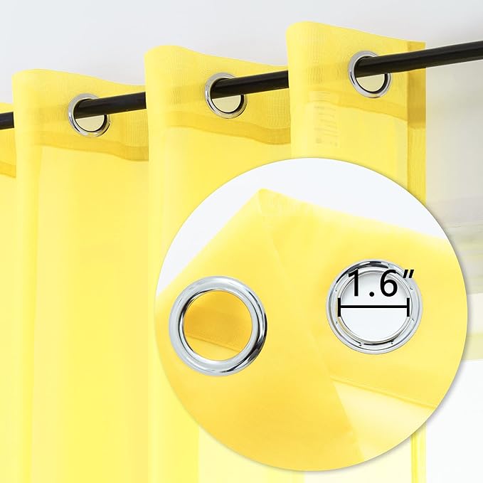 DUALIFE Yellow Sheer Curtains 84 Inches Long for Living Room Set 2 Grommet Look Soft Semi Transparent Voile Drape Window Sheer Curtains for Bedroom Boys 52x84 Length Solid Bright Color