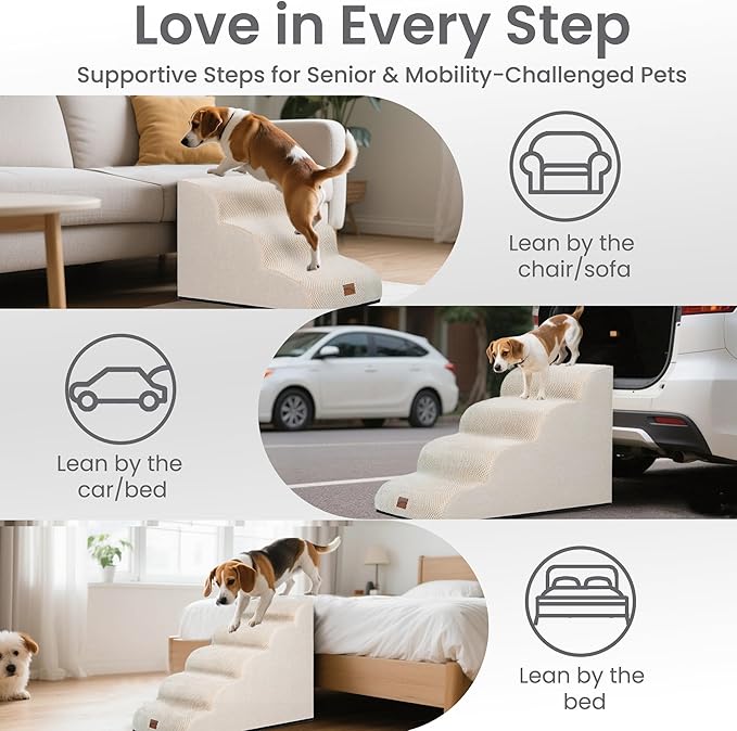 GoGoBunny Waterproof High Density Foam Curved Dog Stairs for High Beds Couches 19.7" H, 4-Step Ramp Dog Steps Friendly to Small Medium Dogs or Pets Joints, Non-Slip Balanced Durable Pet Step, Beige-Mewly Pet