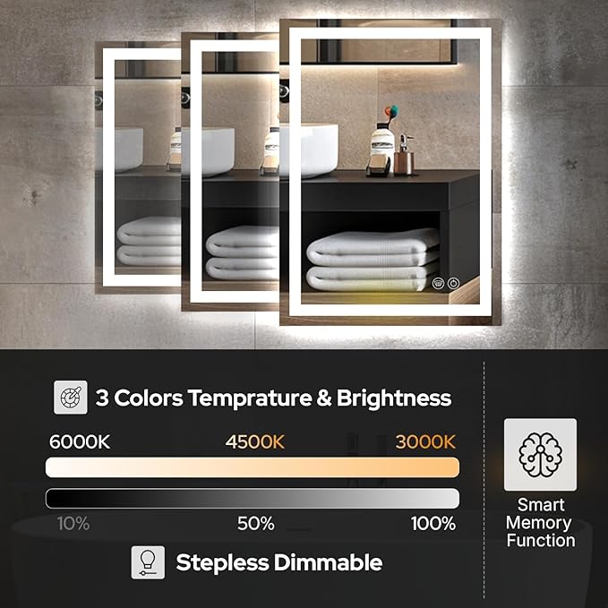 60 x 30 LED Vanity Mirror for Bathroom, Frontlit & Backlit LED Mirror for Bathroom with 3 Colour Lights, Wall Vanity Mirror with Anti-Fog, Shatterproof & Memory Function, Perfect for Modern Bathrooms