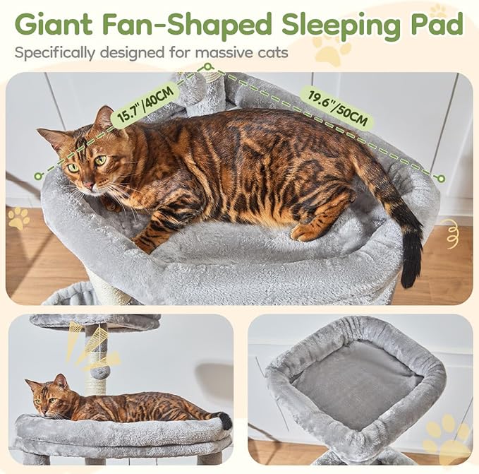 Taoqimiao 72 Inches Cat Tree for Large Cats, Multi-Level Tall Cat Tower, Widened Cat Condo with Large Scratch Board, 5 Scratching Posts, Metal Hammcock, Cozy Basket, Light Gray, MS045W-Mewly Pet