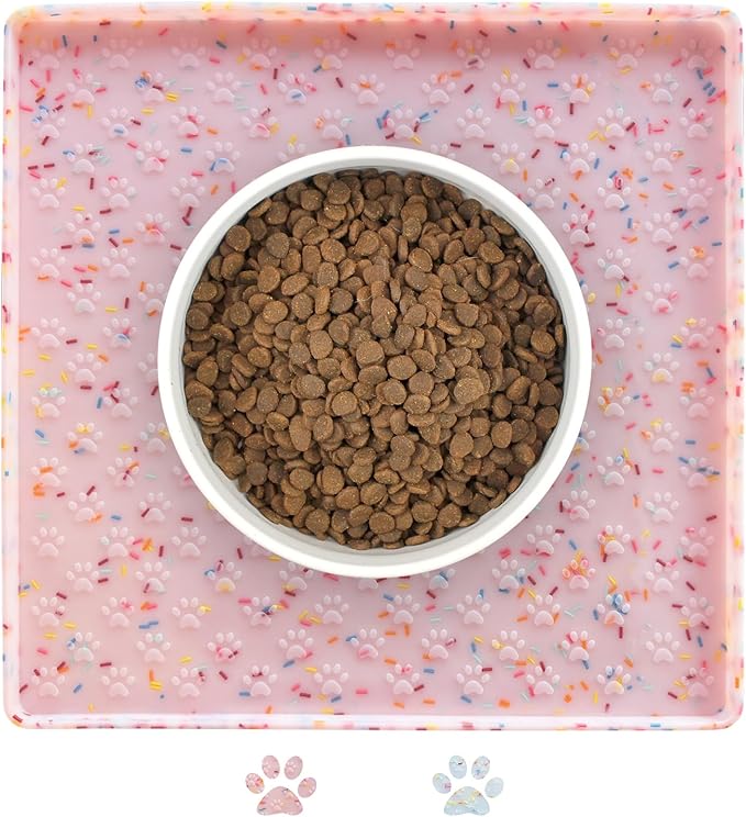 Ptlom Dog Food Mat Anti-Slip Dog Bowl Mats for Food and Water, Waterproof Pet Placemat Prevents Messy Spill to Floor, Silicone Puppy Feeding Tray for Small, Medium and Large Dogs Cats, Pink-Mewly Pet