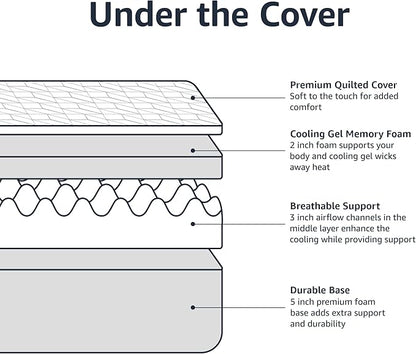 Amazon Basics Gel Memory Foam Mattress, Firm, Cooling, California King Mattress, CertiPUR-US® Certified Foam, 84 x 72 x 12 inches, White/Gray