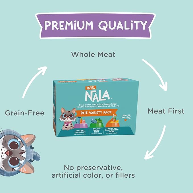LOVE, NALA - Natural Adult Cat Wet Food - Pate Variety Pack - Tuna, Chicken, Mackerel - Grain Free, Non-GMO, Fiber Blend, Minerals, Vitamins - 12 Pack 2.1 lbs.-Mewly Pet