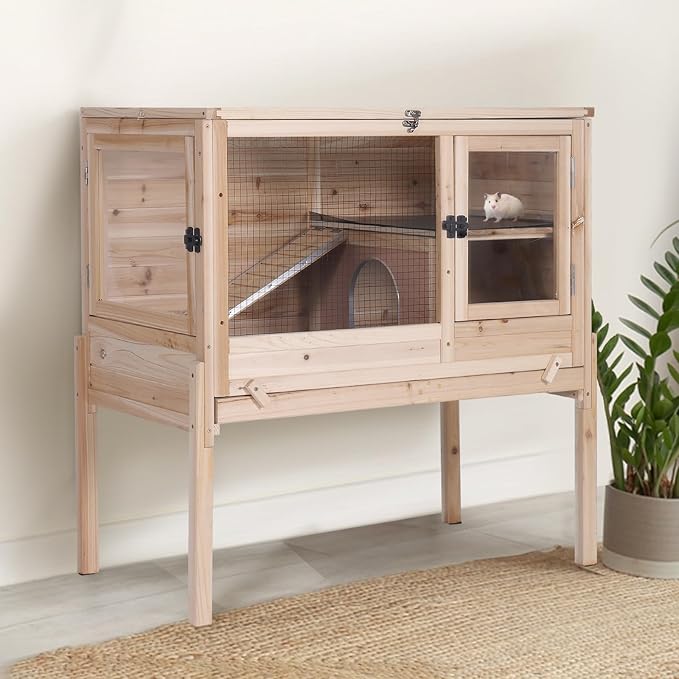 Guinea Pig Cage with Wooden Stand,Indoor Rabbit Hutch with 2 Stories,Hamster Cage with Anti Chew Ramp,Hideout, Platform, Pull Out Tray (Wood)-Mewly Pet