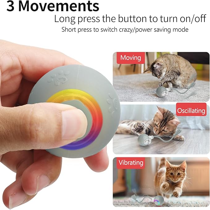 Interactive Cat Toys, Automatic Moving Cat Toy for Bored Indoor Adult Cats, Fast Rolling, Chirping & Motion-Activated Cat Toys, Fun Gift for Cats with Speedy Tail 2.0, USB Rechargeable(Gray)-Mewly Pet