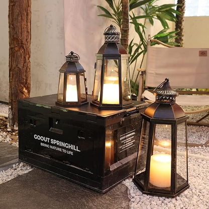DECORKEY 19’’&16’’&8’’ Lanterns Decorative Outdoor & Indoor, Large Lantern for Front Porch, Metal Frame Candle Holders with Glass, Vintage Patio, Pathway, Balcony, Garden, Yard Decor
