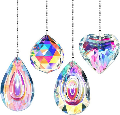 4 Pieces Crystal Ceiling Fan Pull Chain Decorative Rainbow Pull Chain Extension 20 Inch Ceiling Ornament with Ball Connector(Longan, Water Drop, Heart, Round)