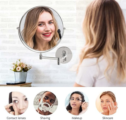 OVENTE 9" Wall Mounted Makeup Mirror with 1X/10X Magnification, Double Sided Magnifying Round Bathroom Vanity Mirror, 360° Swivel Design, Extendable and Folding Arm, Polished Chrome MNLFW90CH1X10X