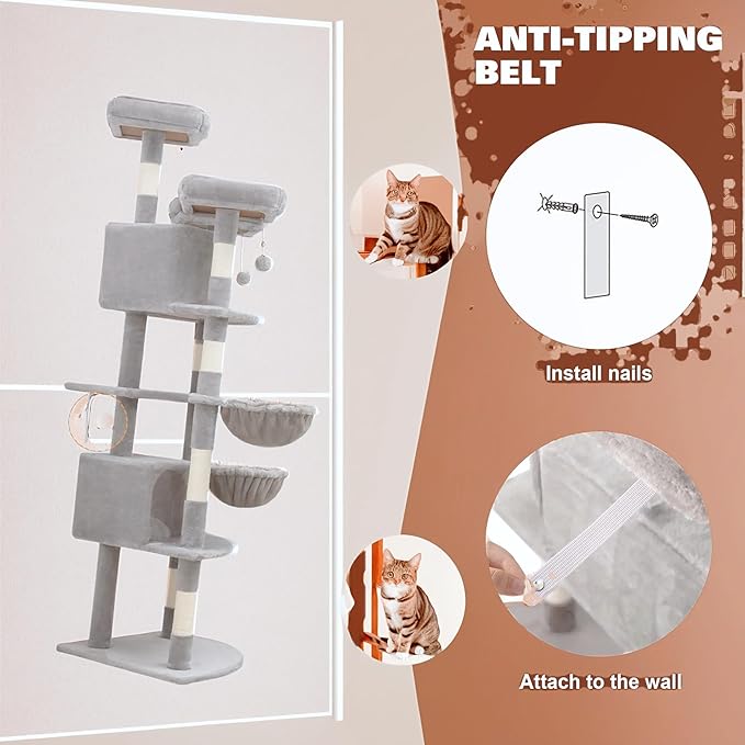 SHA CERLIN 73" Space-Saving Cat Tree/Multi-Level Tall Cat Tower with Perches/Scratching Posts/Condo & Hanging Baskets/Modern Fan-Shaped Design for Indoor Kitties/Pet Activity House/Grey-Mewly Pet