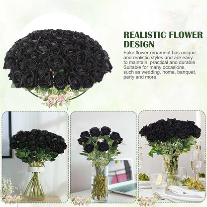60 Pcs Artificial Roses Bulk Velvet Silk Black Roses Roses for Wedding Centerpieces Bridal Bouquet Mohter's Day Valentine's Day Halloween Home Decor(60, Black)