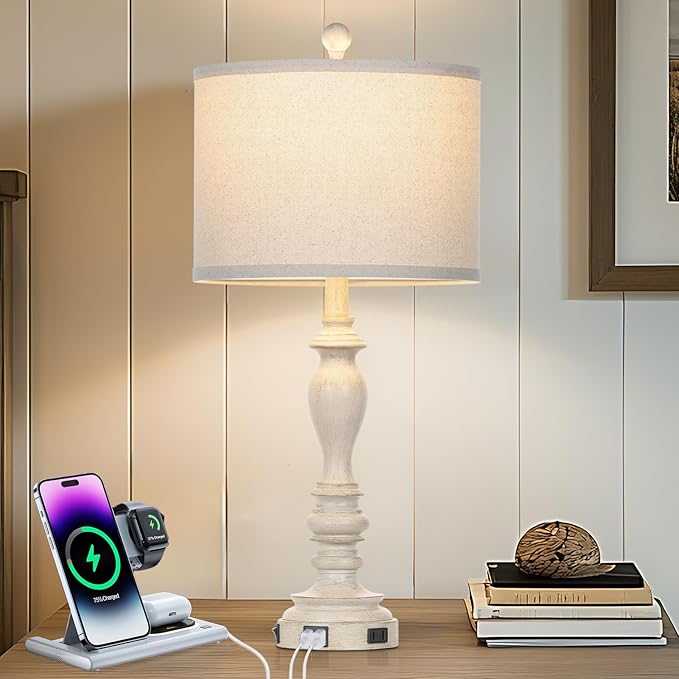 28" Table Lamps with USB C+A Ports & AC Outlets, Farmhouse Rustic Table Lamps Set of 2, Vintage End Table Nightstand Resin Bedside Lamp for Living Room Bedroom, Fabric Linen Shade Washed Antique Beige