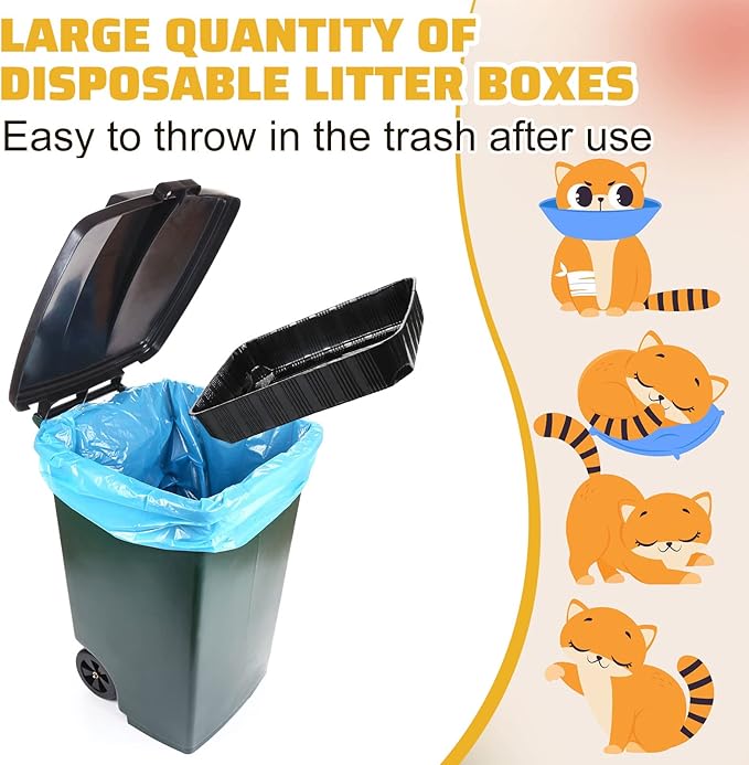 Zubebe 50 Pack Disposable Cat Litter Box for Cats, Large Disposable Kitty Litter Tray Boxes 19.69 x 15.75 x 3.94 Inches Plastic Pets Pan Standard for Indoor Home Travel Portable(Black)-Mewly Pet